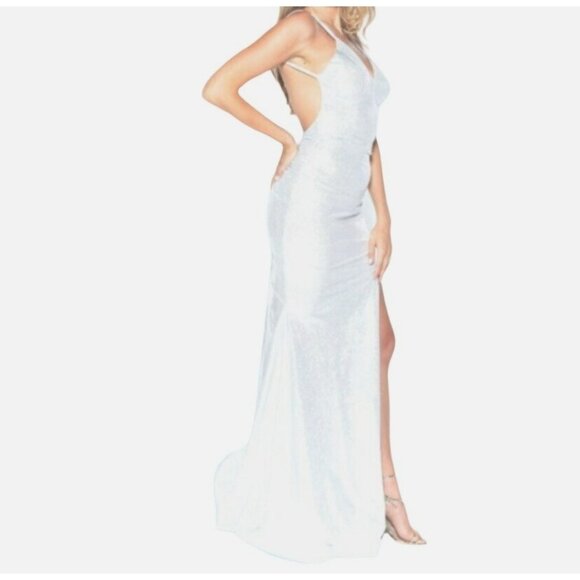 Jessica Angel 908 Silver Bedazzled Open Back Sparkling Gown Size Large NWT - Picture 3 of 7